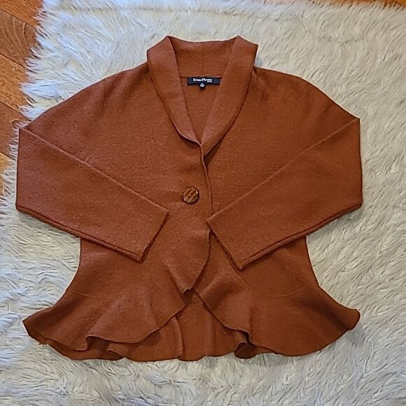 Evan picone‎ womens light brown cropped ruffled wool cardigan size ps - Picture 1 of 4